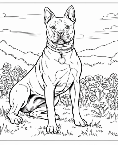 expert coloring page style of realistic Pit Bull Dog breed Clipart, simple garden background, simple line art, line is crisp and clean, easy to color, masterpiece