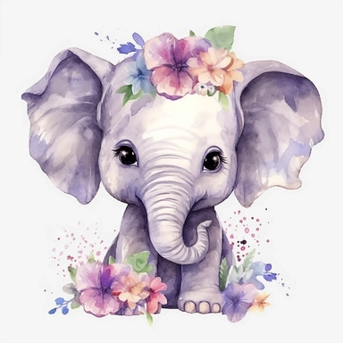 cute baby elephant with flowers, baby baby pictures, vector, watercolor clipart, Sublimation graphics, , watercolor clipart, unique design, print on demand image, transparent PNG background, white background, 8k