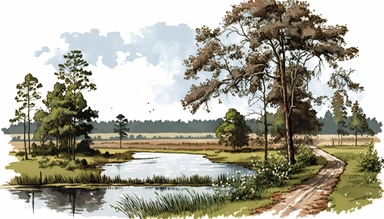 Beautiful landscape scene in Alabama. highly detailed watercolor clipart.