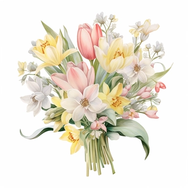 A charming clipart of a bouquet of fresh spring flowers on a white background, painted in delicate watercolors and pastel tones. The bouquet is filled with a variety of spring flowers such as tulips, daffodils, and cherry blossoms. Each flower is beautifully detailed, with soft color tones that blend harmoniously into the overall image. The pastel tones evoke a sense of freshness and rebirth associated with spring, making this image perfect for any design project that calls for a touch of nature