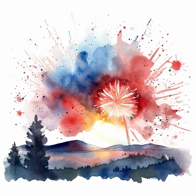 4th of July red white and blue Firework watercolor clipart, detailed, in the sky during sunset over a hill, white background