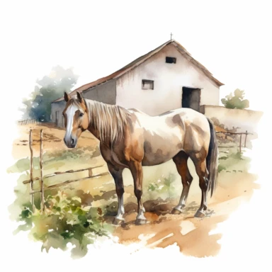 realistic watercolor drawing of a horse on a charming farm in Mexico, on a white background where the background will be removed to repurpose as a clipart.