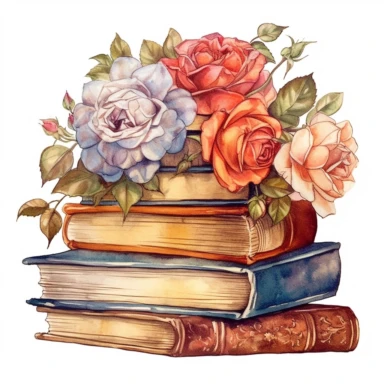 watercolor Rose bouquet with stack vintage books with lap clipart, hd, detailed, on white background, spaced out