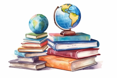 Vintage books stacks and globe. Watercolor hand painted school concept illustration. isolated on white background, Book lover design. Education themed clipart. ,