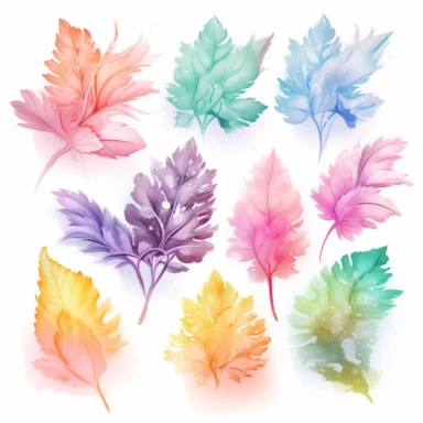 soft colorful neon pastel colored big leaves and flowers clipart set, colorful fairy pastel colors watercolor style, plain white background, use of fabric, intricate depth of shading in soft watercolor style, watercolor--v 4