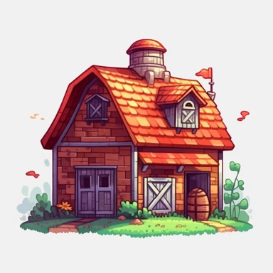 single clipart image png graphic of a Hyper Realistic Watercolor Vibrant Cute Pixel Art Farm Barn Illustration