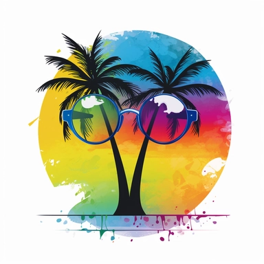 sunglass summer, coconut tree, tie dye, rainbow, beach, vector, black stroke, clipart