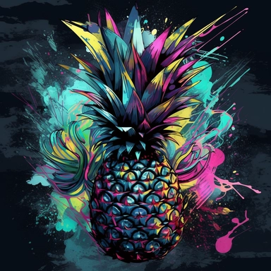 pineapple, clipart artwork print, a visually striking fusion of saturated colors like lime green, dazzling purple, and bold teal on a black canvas, chaotic elements blending seamlessly into an unexpectedly coherent design, showcasing the beauty of controlled chaos in wearable art