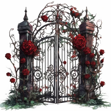 clipart, highly detailed rusted wrought-iron gate, covered in vines, guarding the entrance to a haunted cemetery, red roses, watercolor, transparent background, white background