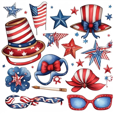 Party Props and Accessories: Create clipart of various party props and accessories, such as funny glasses, feather boas, bowties, or sequined hats. These accessories can add a touch of whimsy and playfulness to your designs. patriotic pattern, stars and stripes, red white and blue, delicate detail, watercolor, in the style of artgerm, 2d game art, quadratura, clipart, on white background,