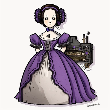 Ada Lovelace clipart detailed with 19th century period dress with purple and white colors with thinking machine for young kids water color style high resolution