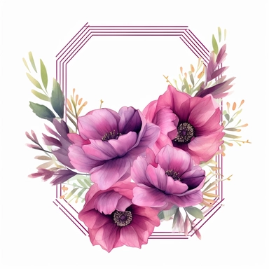 dark Magenta anemone flower bunch, watercolor, clipart, highly detailed, HD, flowers arranged in a square-shaped frame