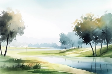 watercolour modern golf course, tee shot, in the style of uhd image HD, very detail clipart on white background space out 8k
