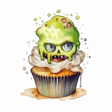 delicious halloween cupcake with brains, eyeballs and teeth, watercolour illustration clipart, extremely Frankenstein detailed, 4k, high quality, colour scheme black, lime green, , isolated on white background - <@1098423716465102849> (relaxed)