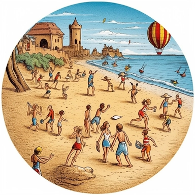 games like beach volleyball, tug-of-war, sandcastle building competition, and frisbee throwing ,beach, clipart 5:16