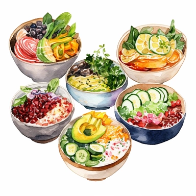 watercolor clipart of a collection of various nutritious healthy bowls, presented in a flatlay style with a top-side view on a clean white background. Each bowl should be filled with a visually appealing arrangement of nutritious ingredients, showcasing their vibrant colors and textures. Ensure that the bowls are not overlapping or interacting with each other, maintaining a clear separation between them. Capture the details of each ingredient with delicate watercolor strokes, emphasizing their f