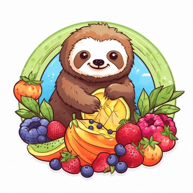 Clipart of a cute sloth eating fruits kawaii style full multicolor white background