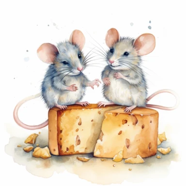 Create a clipart of a pair of adorable mice nibbling on a piece of cheese. The mice should have soft, fluffy fur, and the watercolor application can add depth and texture to their tiny bodies. Against a white background, the clipart will exude a delightful and whimsical vibe.