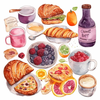 breakfast food items watercolor Clipart Collection, cute objects isolated on white background, high quality intricate detailed illustrations in naive drawing style, delicate pencil texture, dotted texture, intense vivid colors, burnt sienna, hot pink, dark purple, panasonic lumix s pro 50mm f/ 1. 4, rough clusters, strong use of contrast