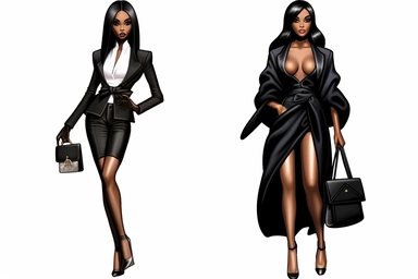 Naomi Campbell fashion Nova cartoon, clipart Contemporary black art version clipart of two happy ultra beautiful African American business women Black girl magic African American boss lady blue and white Louis Vuitton Rhinestone Ribbed Knit Dress and leather pumps standing while shaking anatomically correct hands after selling a large luxury house, both wearing expensive suits and leather shoes out doors, well lit, white background, taken with Canon