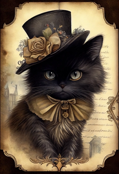 an adorable victorian cat by [Rebecca Latham + Sarah Stribbling + sumi-e + nicoletta ceccoli], Easter theme, epic scene, dark dark academia watercolor vintage CLIPART, illustration, hyper realistic, intricate detail clipart, watercolor, painterly, Jean-Baptiste Monge, drawing on top of old grunge beautiful scrapbooking background paper, old paper texture, decoupage printable digital background, distressed borders, vintage borders, grunge borders, shabby borders