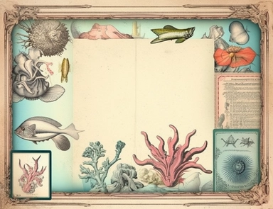 blank ephemera paper page with ornate border illustrations vintage ocean coastal elements pencil sketch , greeting card design, old botanical books style drawing, vintage, distressed textures, muted colors, craft paper texture, handwriting lines in background, pen and ink on paper with watercolor washes Watercolor, vector, white background, rice paper texture, clipart, flat illustration, outlined , Vector, 4K, Art station, digital print, highly detailed clean, detailed illustration, 3D vector ar