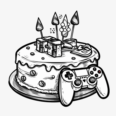 black and white cartoon clipart of a generic video game controller and birthday cake mashup with a transparent background