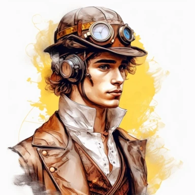 beautiful stunning handsome steampunk young man, paint art style, clipart, white background, superrealistic, one of a kind