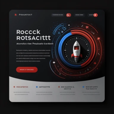 insurance sales website called PolicyRocket, professional, two buttons on the screen, black background, white, red and blue accents, small rocket clipart