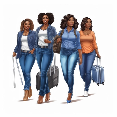 Clipart, four curvy African American woman smiling, all in t shirts and blue jeans with suit cases walking together through the airport, colorful background, hyper realistic, well rendered, cinematic, - - v 5