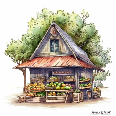 create a beatiful watercolor clipart illustration of and old fashion fruit stand style store selling avocados next to a large beautiful avocado tree, disney style highly detailed illustration, branches and full of ripe avocados, no text, no font, white background, no watermark, white background v5