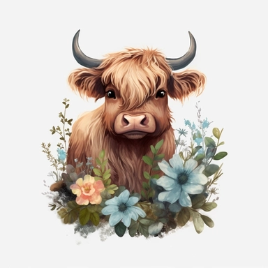 highland baby cow with floral blooms clipart element, 4k