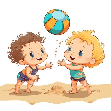 cute babies playing volleyball at the beach, summer time, no watermark, white background, clipart