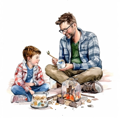 A father and son camping, sitting around a campfire and roasting marshmallows, Watercolor, Clipart, detailed, high resolution, transparent background PNG