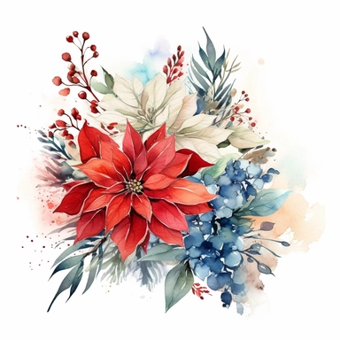 vivid poinsettia Christmas arrangement clipart, watercolor effect, high definition, red green white gold blue, white background, image only