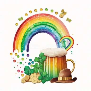 childish cartoon watercolor cute clipart st Patrick day hat beer rainbow leprechaun clover gold coins horseshoe white background clear background sublimation png
