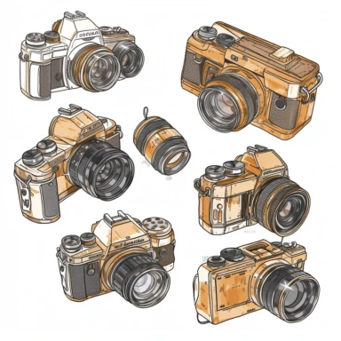 clipart collection of a set of four digital camera ,highly detailed, crisp sharp lines , istock, clip-art, ,, 2070s, steel, , how-to, , harmony of, marker”, , 4, instrument, ultimate, 5, movies, three - dimensional , high quality vector svg white background , organised in rows spaces gap orderly