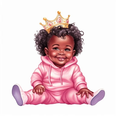 a black baby girl with gold crown, dressed in hot pink, pink sneakers, smiling, sitting down, cartoon, watercolor clipart