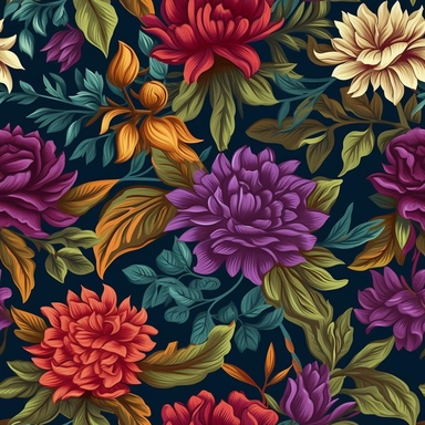 please create a seamless, vintage floral pattern, variety of flowers in dark shades of indigo, plum, maroon, forest green, charcoal, 3d textured effect, uhd, 32k, vector, clipart,