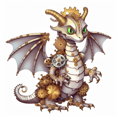 friendly dragon with cute eyes, standing up, in the style of steampunk, clipart, white background, lots of cogs,