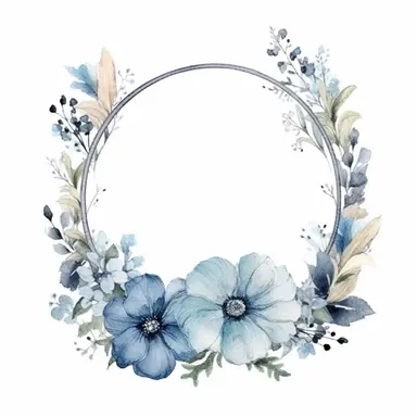 watercolor clipart of a empty suttle dainty floral oval frame surrounded by dusty blue color flowers. Capture the essence of blooming beauty and intricate details in your artwork, white background