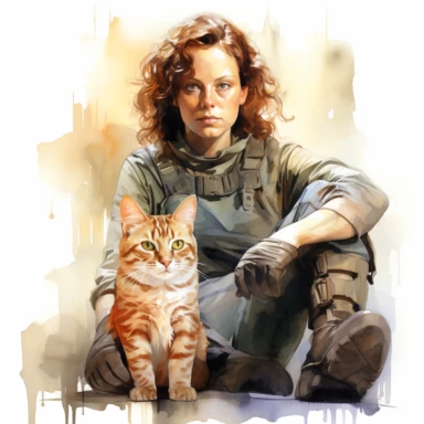 Sigourney Weaver like Ripley with Jonesy ginger cat, full length, character from movie Alien, watercolor painting, cinematic lighting, clipart, white background