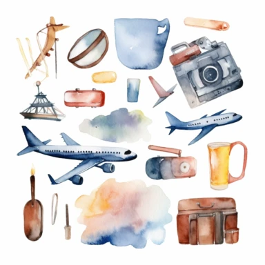 Traveling elements, plane , redesign, painting brush and art tools watercolor logo, clipart, white background
