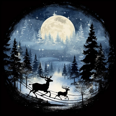 5. Create a captivating clipart silhouette of Santa's sleigh, drawn by 12 magnificent reindeer, flying across a clear night sky, silhouetted against a large full moon, creating an ethereal and festive scene, clipart, vintage style--q2--s1000