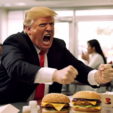 Donald trump throwing a cheeseburger at a fast food worker, angry, rage, video clip, photo