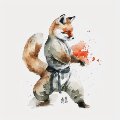 Karate Fox watercolor clip art illustration, white background