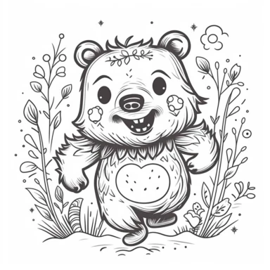 Coloring book page for kids, cute little running bear, clipart, cartoon children's stylehand drawn line art, black and white,