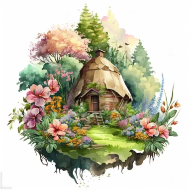 clipart, watercolor, a hut on a pile with a front yard full of blooming flowers, lush greenery, against a dense forest background beautiful illustration, good composition, vector, contour, outlined, isolated white background, watercolor unreal engine, white background, lots of details, high quality - 8K, ar 2:3