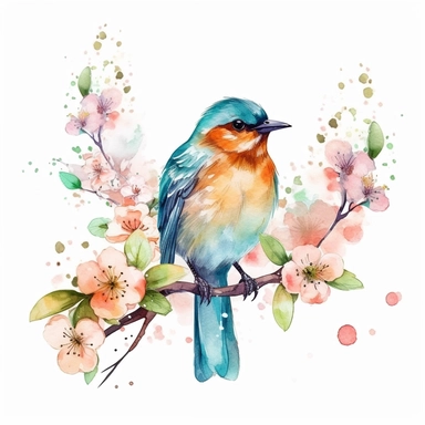 one watercolor clipart bird on a white background, in the style of cherry blossoms, light emerald and light brown, made of paperclips, pointillist florals, whimsical animation, colorful gardens, vintage charm, no watermark, text, words, paintbrush, 300 DPI , typography, the images do not stick together, no text in the picture