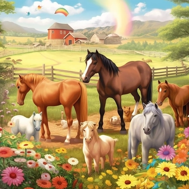 farm scene ponies, horses, clipart